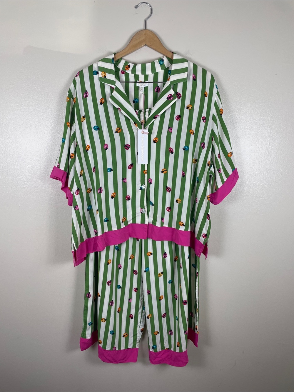Beauty Sleep Social Ladybug Striped Pajama Set with Pink Trim. NEW XXL